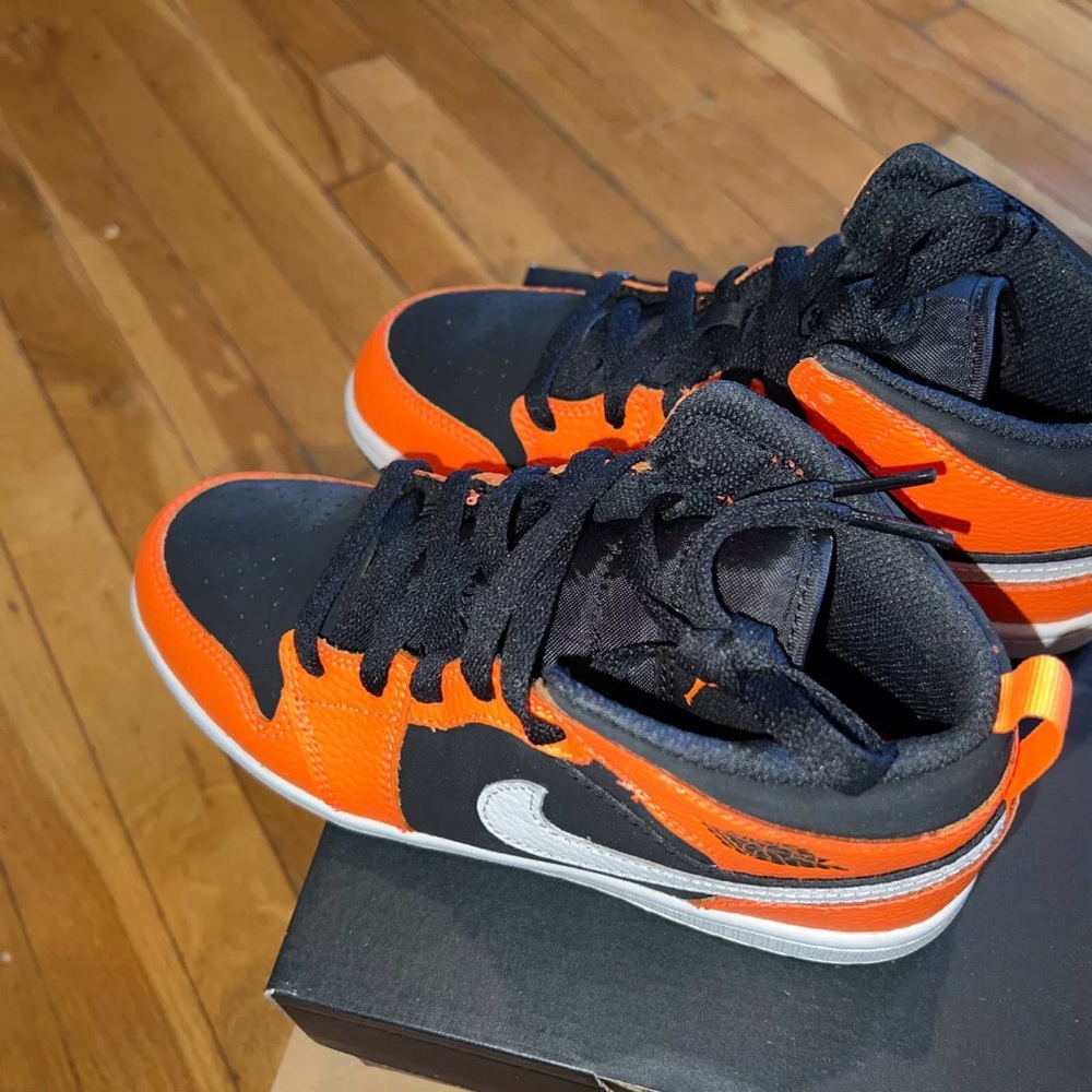 Nike Air Jordan 1 Mid Black and Orange High-Top Sneakers size 2Y